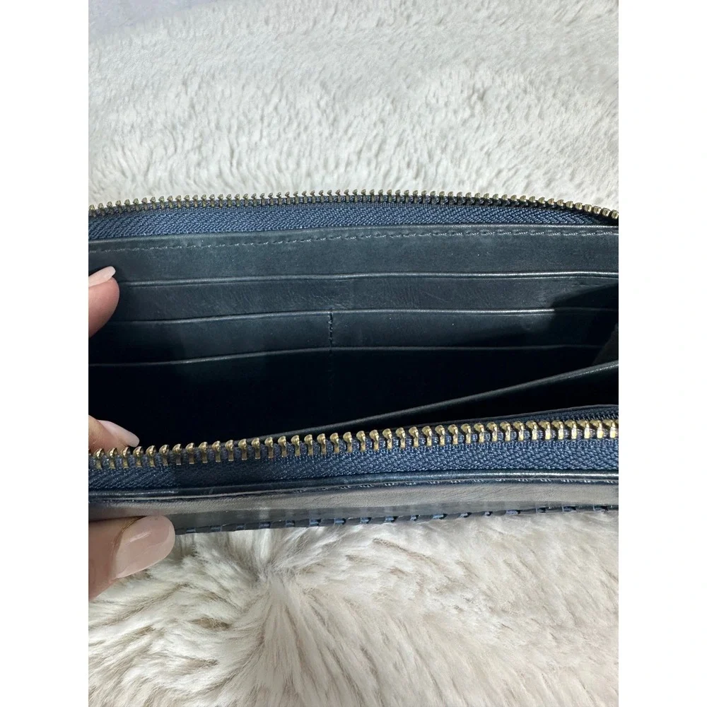 Frye Melissa Zip Around Leather Wallet Navy Slate Blue‎ Whipstitch Continental - Picture 4 of 7